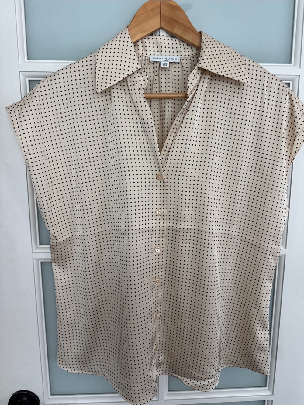 Maison de L'AMOUR Beige Polka Dot Button-Front Cap Sleeve Shirt